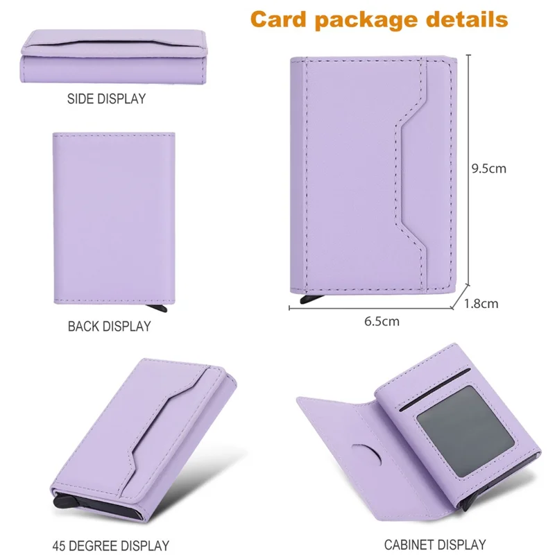 RFID Blocking Automatic Pop Up Card Case PU Leather + Metal Credit Card Holder Purse Wallet - Purple