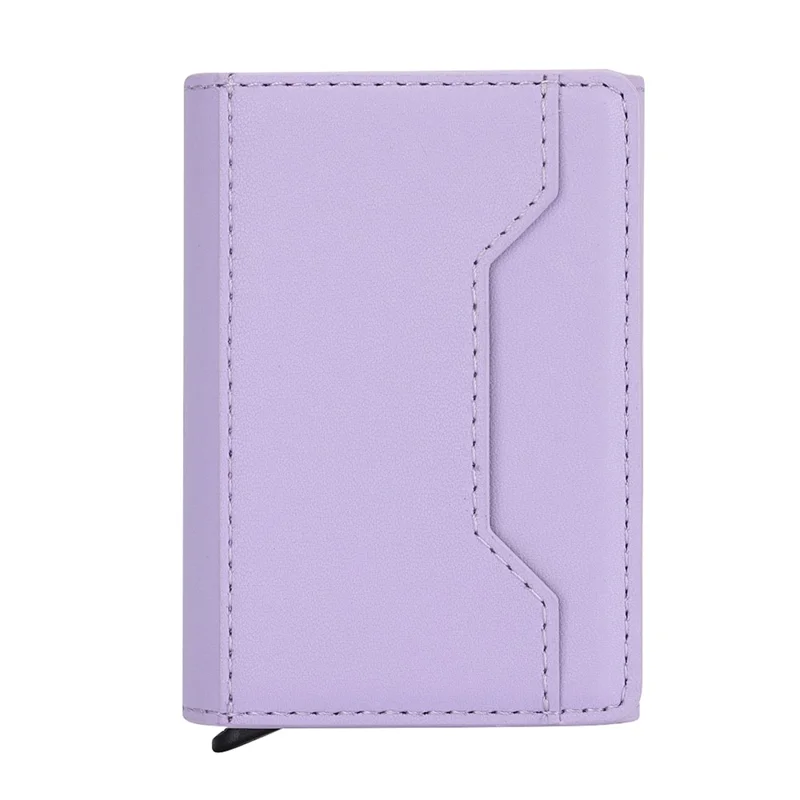 RFID Blocking Automatic Pop Up Card Case PU Leather + Metal Credit Card Holder Purse Wallet - Purple
