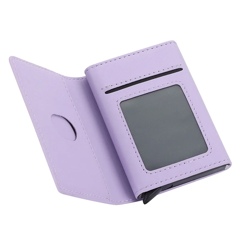 RFID Blocking Automatic Pop Up Card Case PU Leather + Metal Credit Card Holder Purse Wallet - Purple