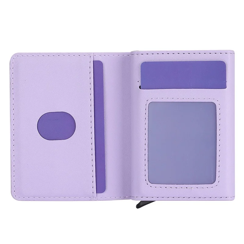 RFID Blocking Automatic Pop Up Card Case PU Leather + Metal Credit Card Holder Purse Wallet - Purple