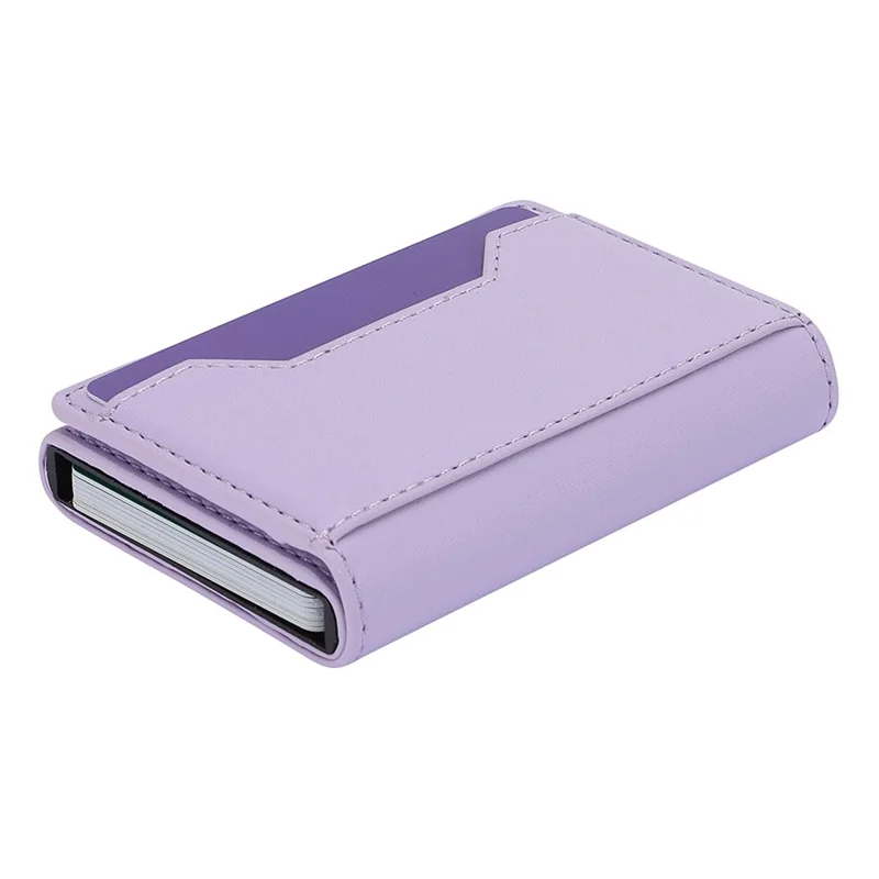 RFID Blocking Automatic Pop Up Card Case PU Leather + Metal Credit Card Holder Purse Wallet - Purple