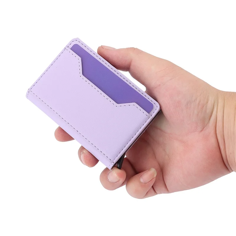 RFID Blocking Automatic Pop Up Card Case PU Leather + Metal Credit Card Holder Purse Wallet - Purple