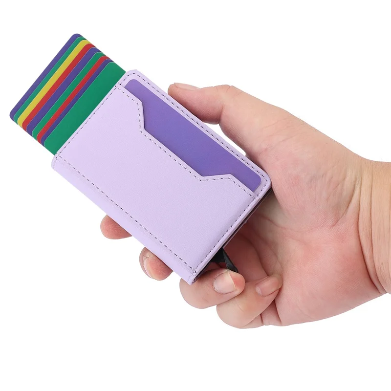 RFID Blocking Automatic Pop Up Card Case PU Leather + Metal Credit Card Holder Purse Wallet - Purple