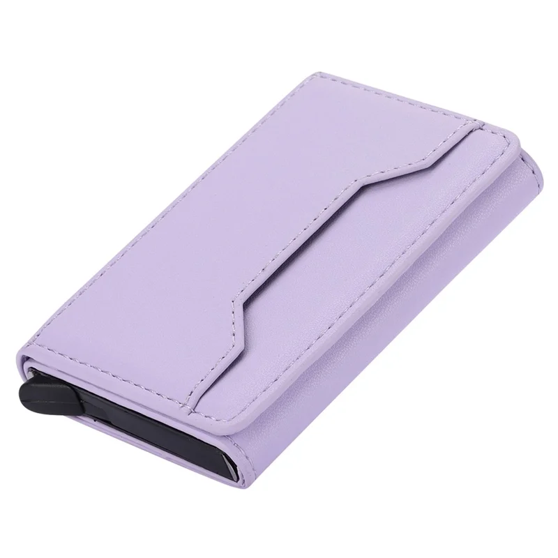 RFID Blocking Automatic Pop Up Card Case PU Leather + Metal Credit Card Holder Purse Wallet - Purple