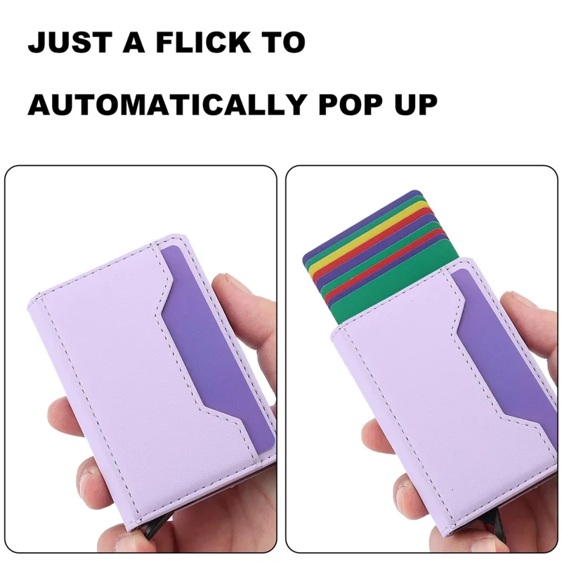 RFID Blocking Automatic Pop Up Card Case PU Leather + Metal Credit Card Holder Purse Wallet - Purple