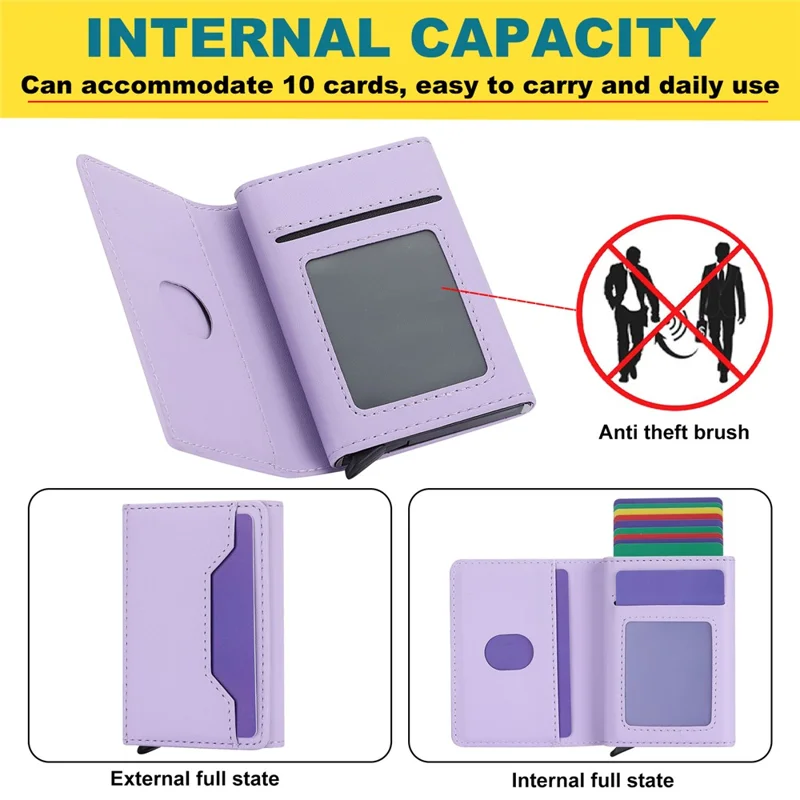 RFID Blocking Automatic Pop Up Card Case PU Leather + Metal Credit Card Holder Purse Wallet - Purple