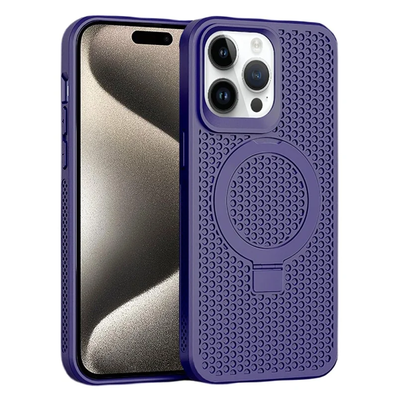 For iPhone 15 Pro Max Rubberized TPU Magnetic Case Kickstand Breathable Heat Dissipation Phone Cover - Purple