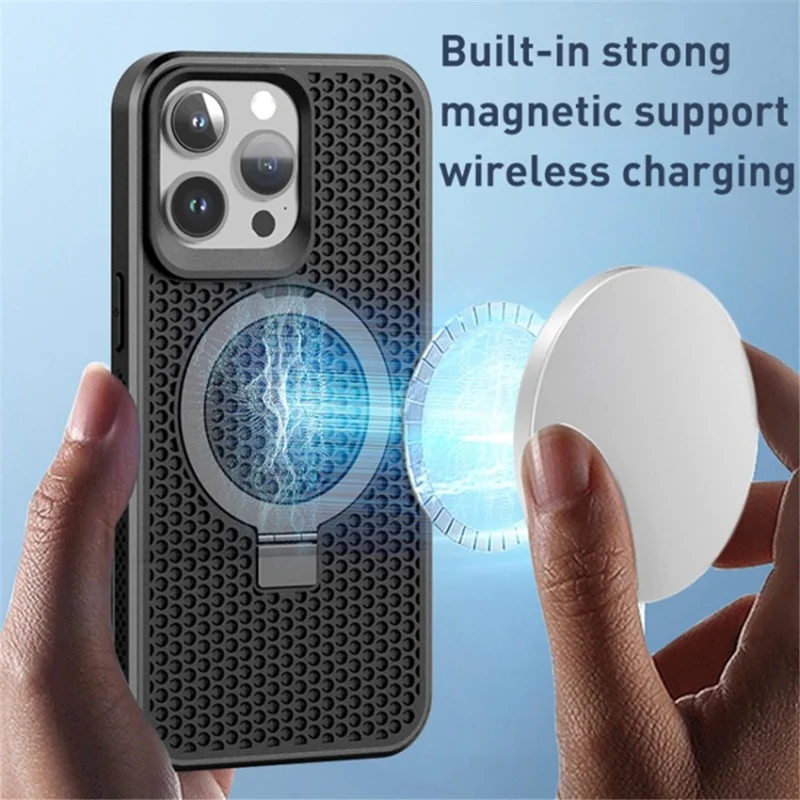 For iPhone 15 Pro Max Rubberized TPU Magnetic Case Kickstand Breathable Heat Dissipation Phone Cover - Purple