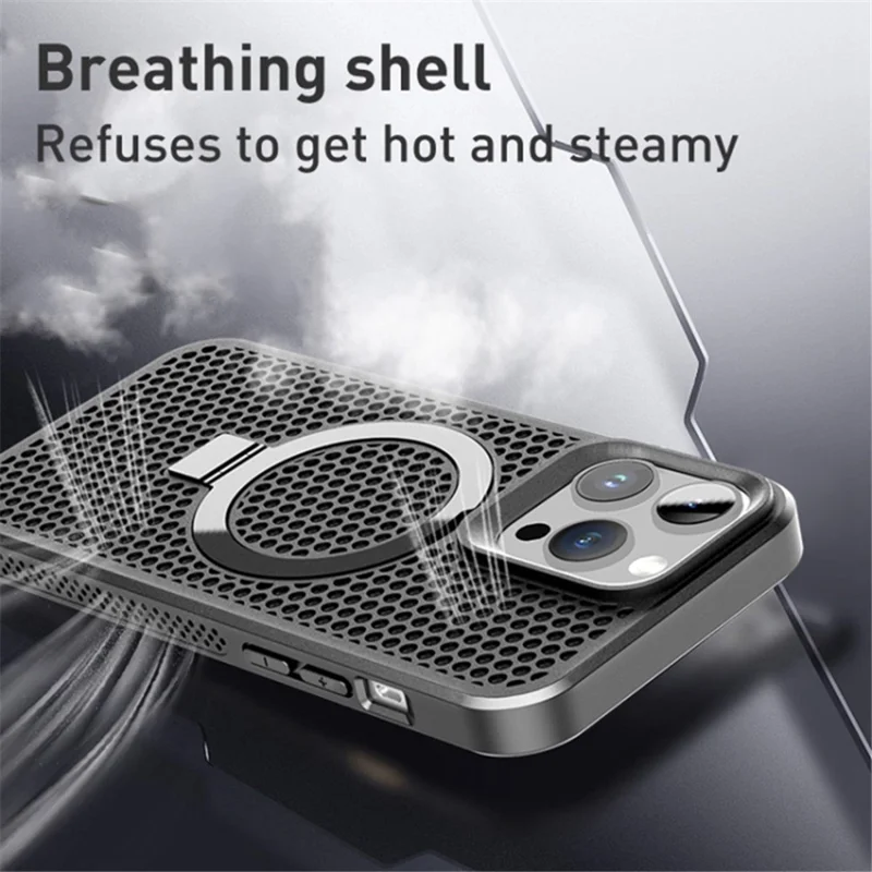 For iPhone 15 Pro Max Rubberized TPU Magnetic Case Kickstand Breathable Heat Dissipation Phone Cover - Purple