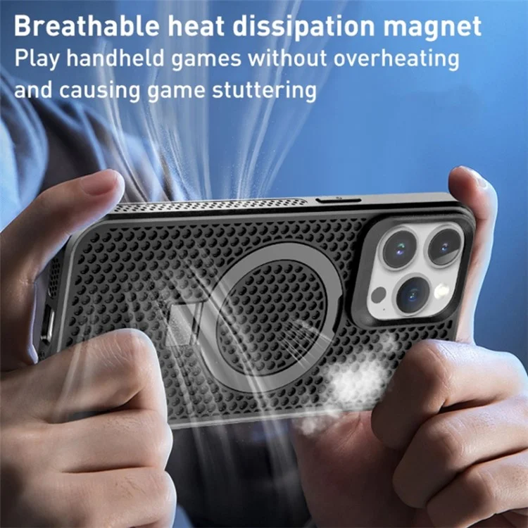 For iPhone 15 Pro Heat Dissipation Rubberized TPU Case Kickstand Magnetic Protective Phone Cover - Black