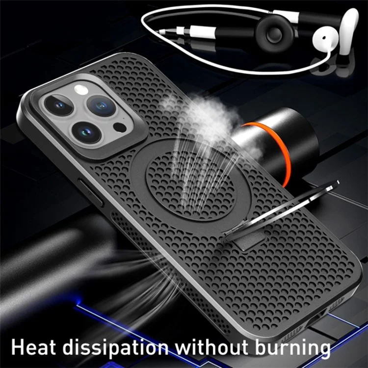 For iPhone 15 Pro Heat Dissipation Rubberized TPU Case Kickstand Magnetic Protective Phone Cover - Black