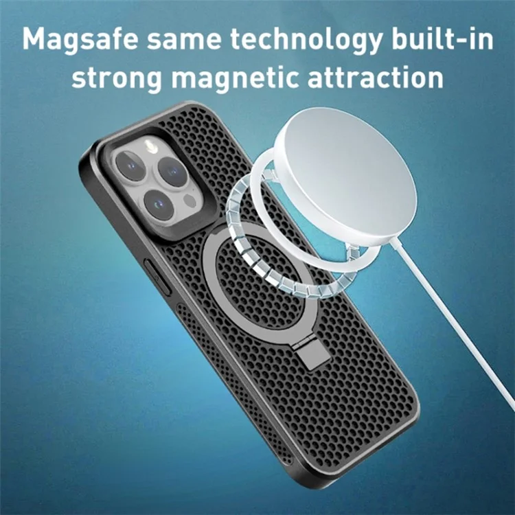 For iPhone 15 Pro Heat Dissipation Rubberized TPU Case Kickstand Magnetic Protective Phone Cover - Black