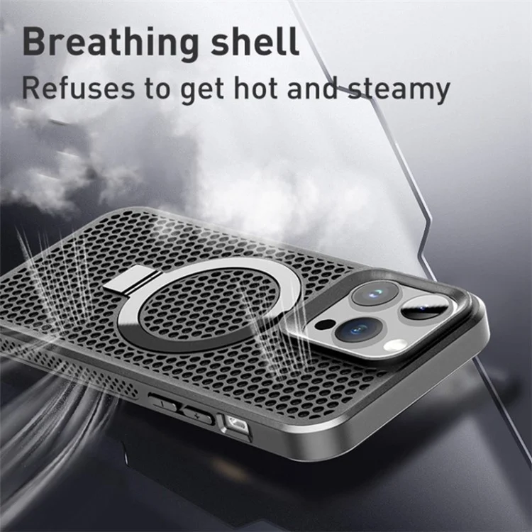 For iPhone 15 Pro Heat Dissipation Rubberized TPU Case Kickstand Magnetic Protective Phone Cover - Black