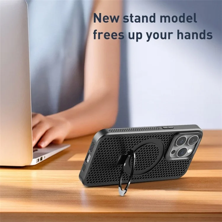 For iPhone 15 Pro Heat Dissipation Rubberized TPU Case Kickstand Magnetic Protective Phone Cover - Black