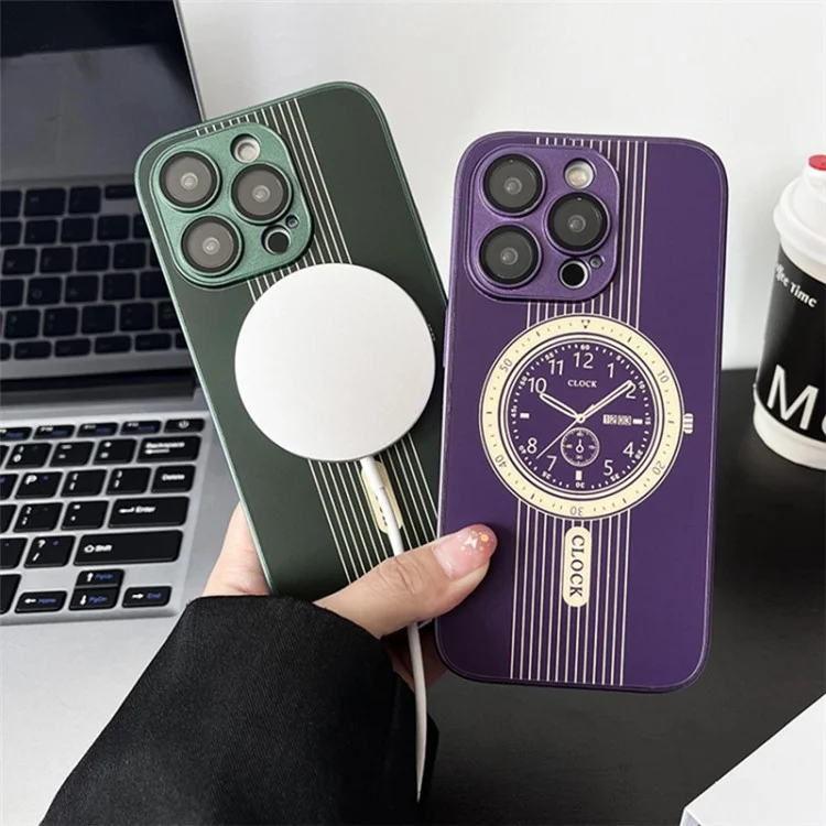 Clock Design Magnetic Case for iPhone 15 Pro Max Soft TPU Shockproof Phone Cover with Lens Film - Purple