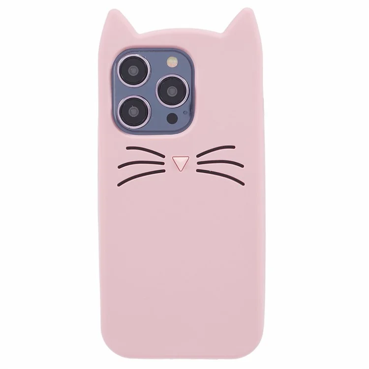For iPhone 14 Pro Max Flexible Phone Case 3D Moustache Cat Silicone Phone Cover - Pink