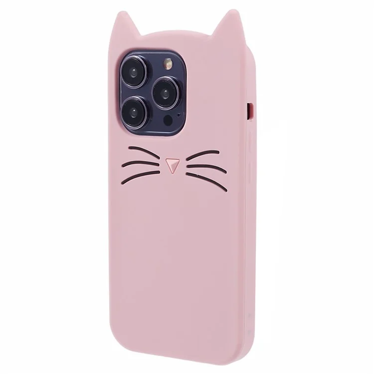 For iPhone 14 Pro Max Flexible Phone Case 3D Moustache Cat Silicone Phone Cover - Pink
