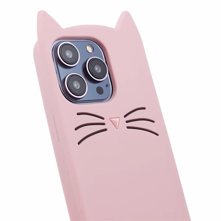 For iPhone 14 Pro Max Flexible Phone Case 3D Moustache Cat Silicone Phone Cover - Pink