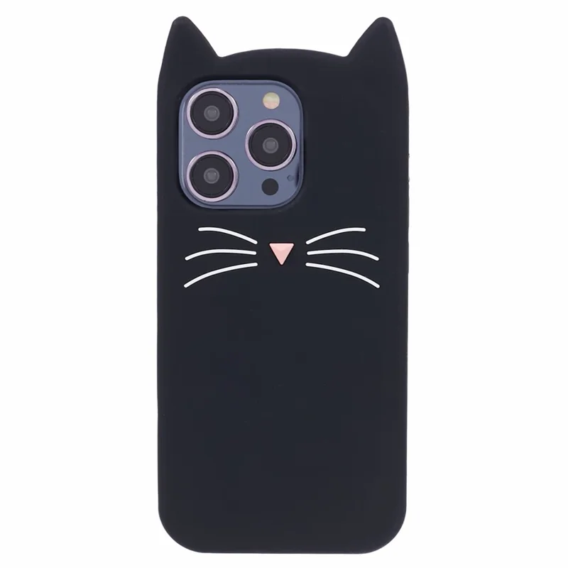 For iPhone 14 Pro Max Flexible Phone Case 3D Moustache Cat Silicone Phone Cover - Black