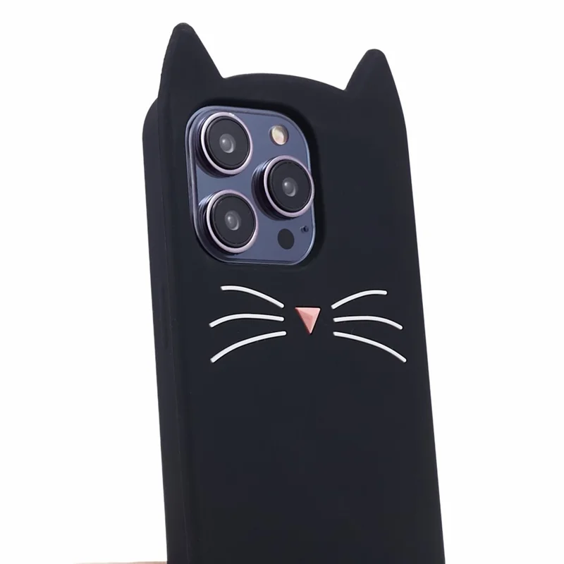 For iPhone 14 Pro Max Flexible Phone Case 3D Moustache Cat Silicone Phone Cover - Black