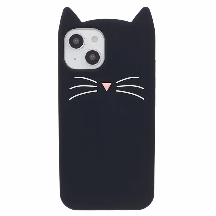 For iPhone 13 Smartphone Case 3D Moustache Cat Shockproof Silicone Cell Phone Cover - Black