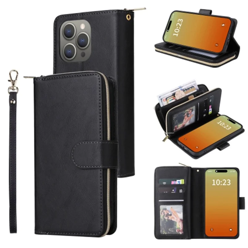 Pour iPhone 15 Pro Max 9 Slots de Carte Poche Zippée Étui de Téléphone en Cuir PU Support Étui de Téléphone - Noir