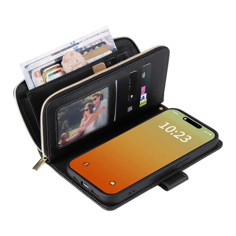 Pour iPhone 15 Pro Max 9 Slots de Carte Poche Zippée Étui de Téléphone en Cuir PU Support Étui de Téléphone - Noir