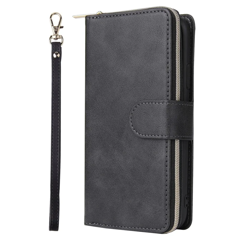 Pour iPhone 15 Pro Max 9 Slots de Carte Poche Zippée Étui de Téléphone en Cuir PU Support Étui de Téléphone - Noir