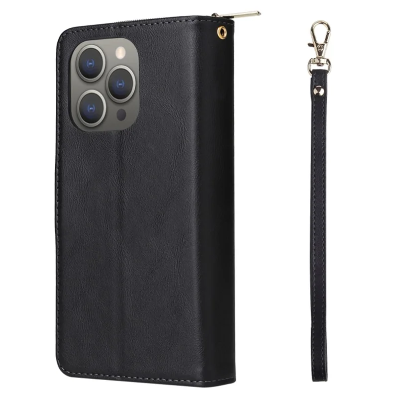 Pour iPhone 15 Pro Max 9 Slots de Carte Poche Zippée Étui de Téléphone en Cuir PU Support Étui de Téléphone - Noir