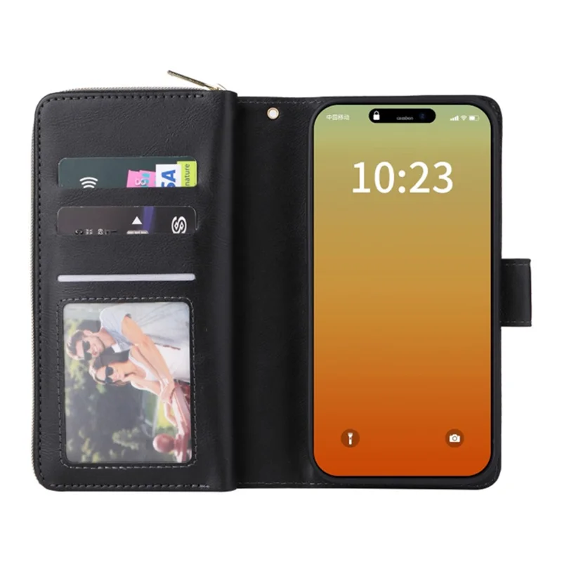 Für iPhone 15 Pro PU-Leder-Telefonständer-Hülle mit 9 Kartenfächern, Reißverschlusstasche und Telefonhülle - Schwarz