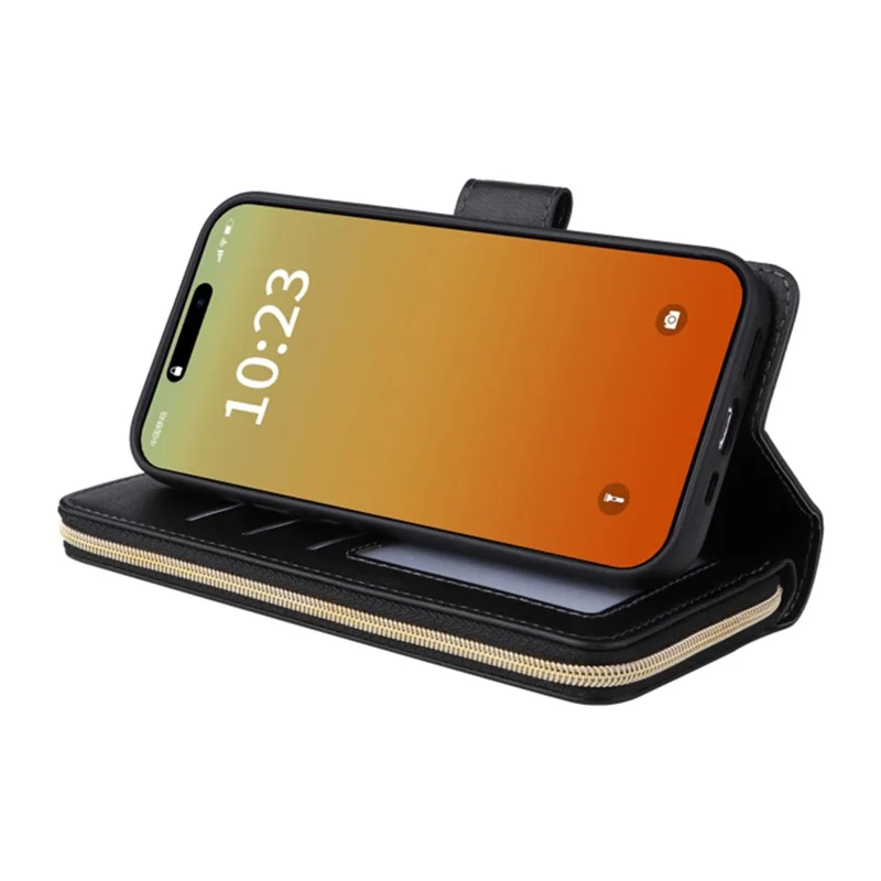 Für iPhone 15 Pro PU-Leder-Telefonständer-Hülle mit 9 Kartenfächern, Reißverschlusstasche und Telefonhülle - Schwarz