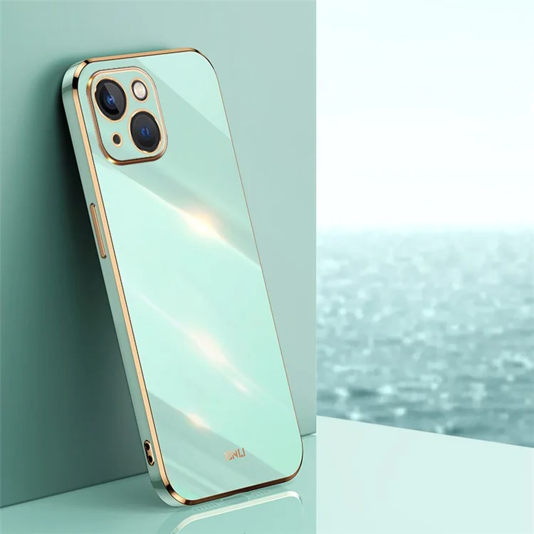 XINLI For iPhone 15 Plus Electroplated Gold Edge Anti-scratch Phone Case TPU Back Cover - Ciano