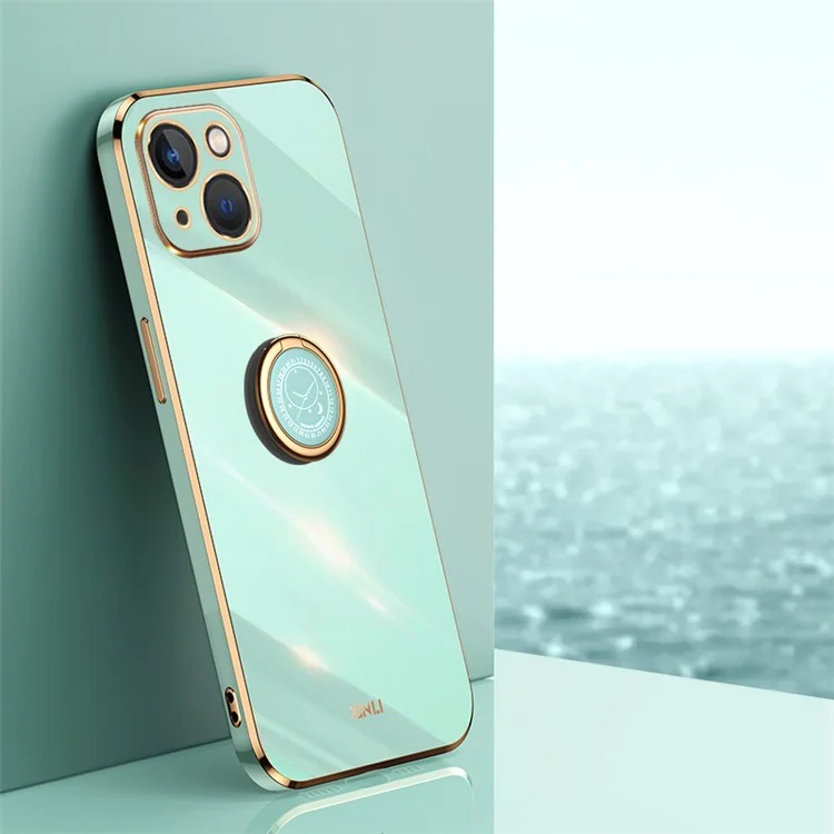 XINLI Per iPhone 15 Plus Ring Kickstand Phone Case Electroplated TPU Protective Cover - Cyan