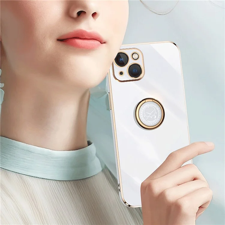 XINLI Per iPhone 15 Plus Ring Kickstand Phone Case Electroplated TPU Protective Cover - Cyan