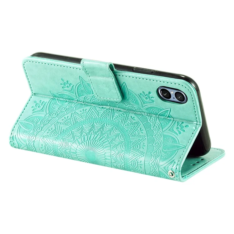 Para Sony Xperia 5 V Mandala Flower Imprinted Wallet PU Leather Phone Case Stand Cover con Correa - Verde