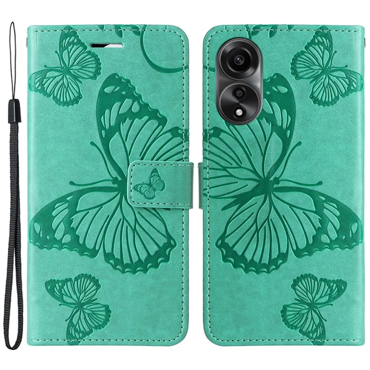 KT Imprinting Flower Series-2 Funda de Cuero para Oppo A78 4G, Funda de Teléfono con Estampado de Mariposa con Soporte y Billetera - Verde