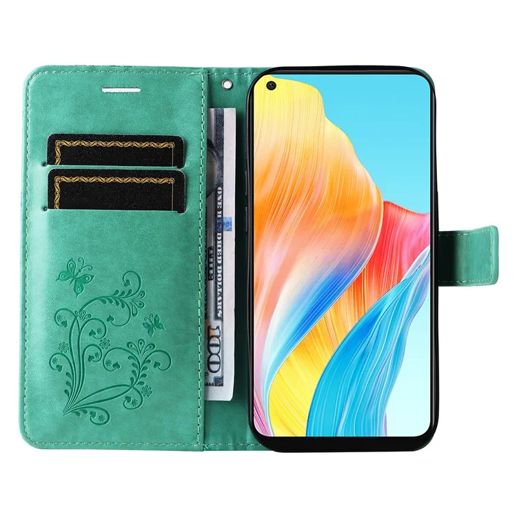 KT Imprinting Flower Series-2 Funda de Cuero para Oppo A78 4G, Funda de Teléfono con Estampado de Mariposa con Soporte y Billetera - Verde