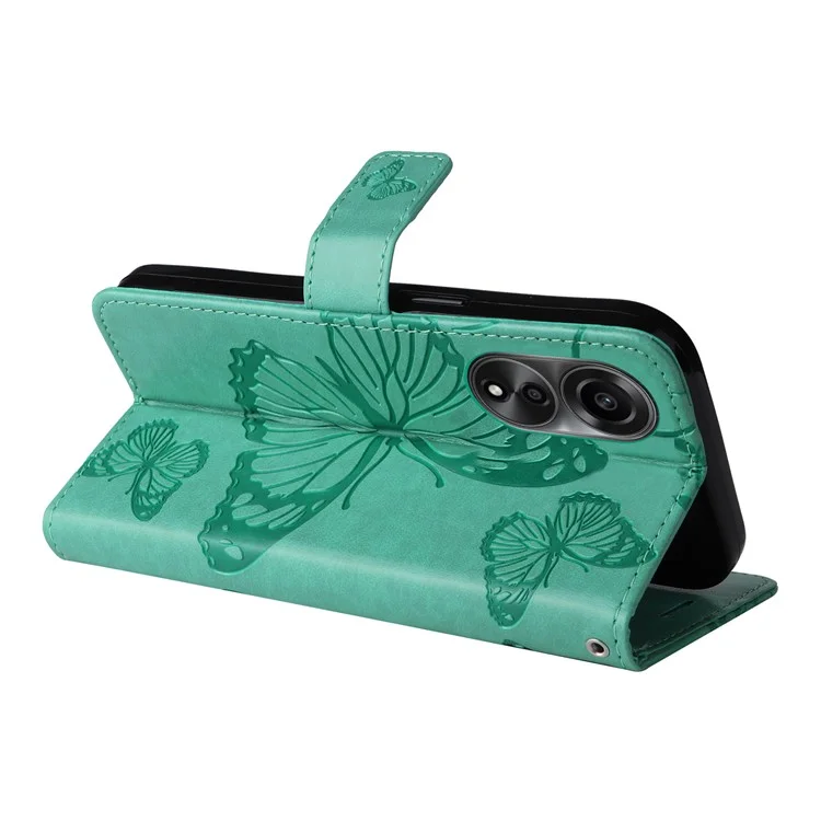 KT Imprinting Flower Series-2 Funda de Cuero para Oppo A78 4G, Funda de Teléfono con Estampado de Mariposa con Soporte y Billetera - Verde