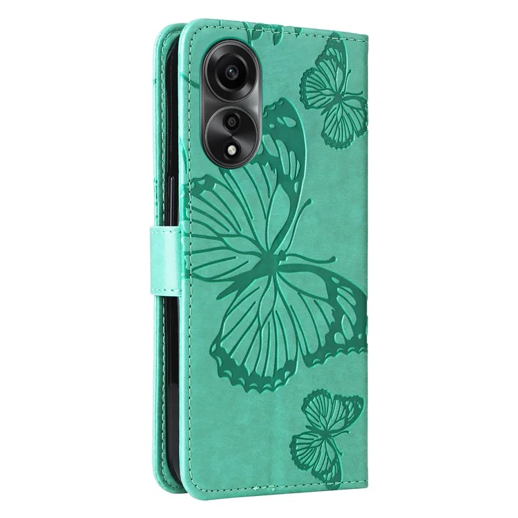 KT Imprinting Flower Series-2 Funda de Cuero para Oppo A78 4G, Funda de Teléfono con Estampado de Mariposa con Soporte y Billetera - Verde
