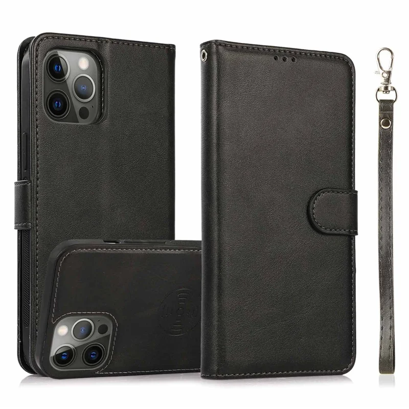Wallet PU Leather Phone Case for iPhone 15 Pro , Detachable 2-in-1 Phone Cover with Stand - Black