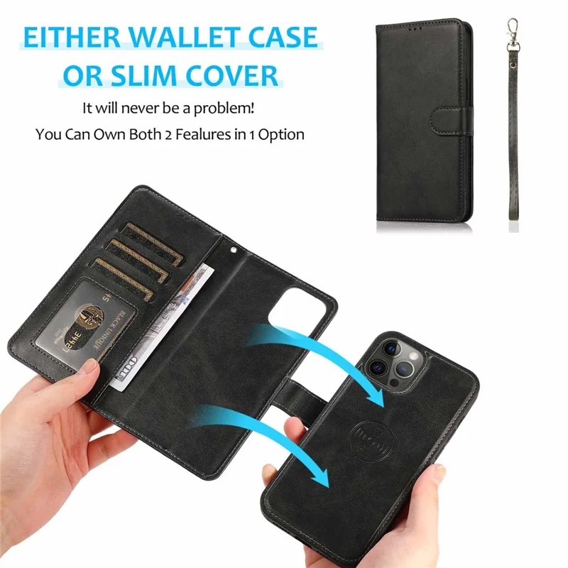 Wallet PU Leather Phone Case for iPhone 15 Pro , Detachable 2-in-1 Phone Cover with Stand - Black
