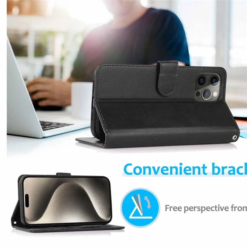 Wallet PU Leather Phone Case for iPhone 15 Pro , Detachable 2-in-1 Phone Cover with Stand - Black