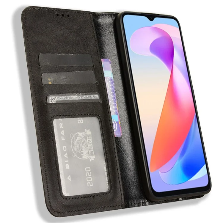 For Honor X6a 4G Retro Leather Wallet Case Magnetic Closing Anti-fall Stand Phone Cover - Black