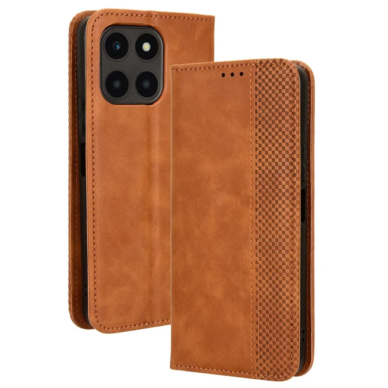 For Honor X6a 4G Retro Leather Wallet Case Magnetic Closing Anti-fall Stand Phone Cover - Brown