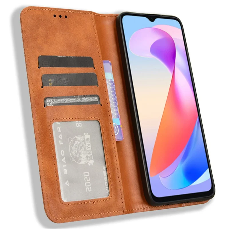 For Honor X6a 4G Retro Leather Wallet Case Magnetic Closing Anti-fall Stand Phone Cover - Brown