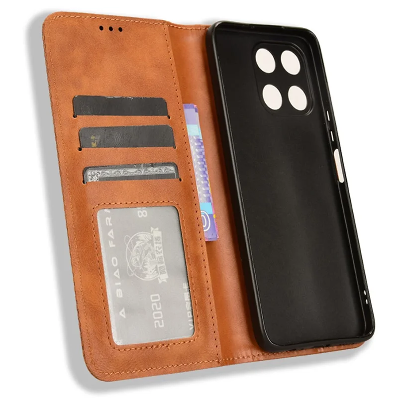 For Honor X6a 4G Retro Leather Wallet Case Magnetic Closing Anti-fall Stand Phone Cover - Brown