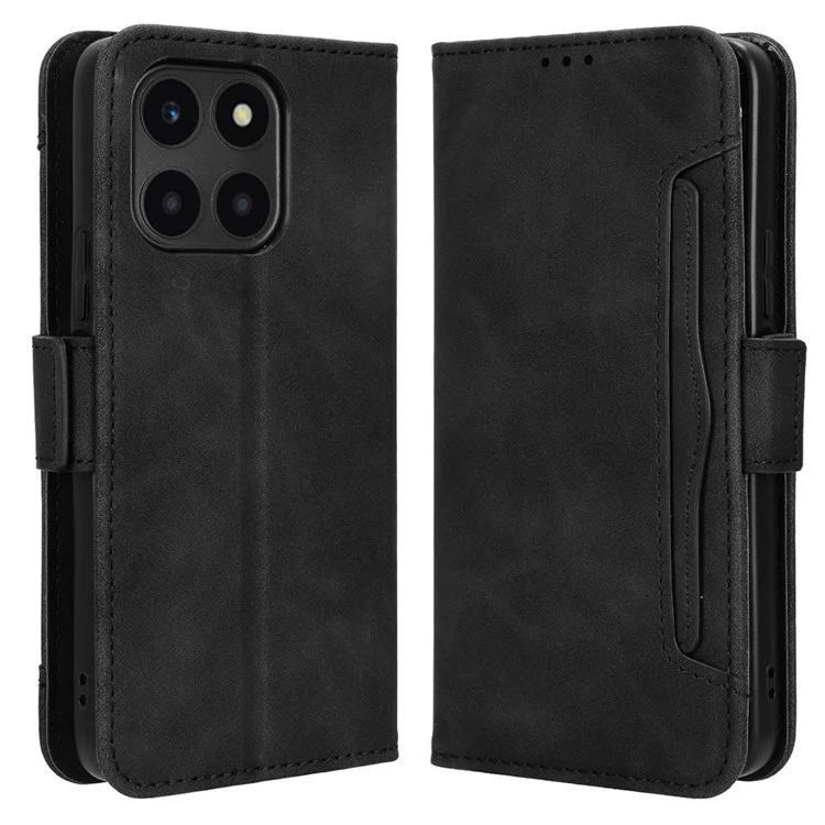 For Honor X6a 4G Multiple Card Slots Leather Phone Case Drop-proof Wallet Stand Cover - Black