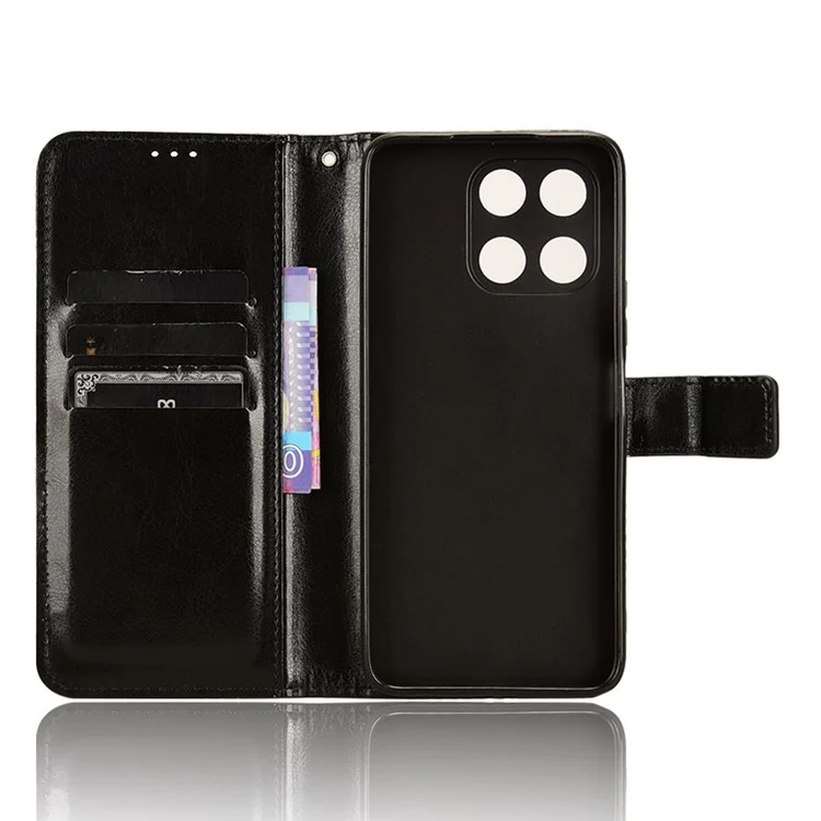 For Honor X6a 4G PU Leather Protective Case Crazy Horse Texture Phone Wallet Cover - Black
