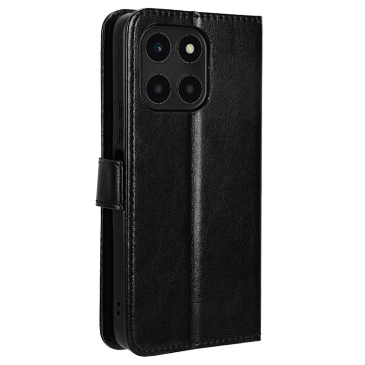 For Honor X6a 4G PU Leather Protective Case Crazy Horse Texture Phone Wallet Cover - Black