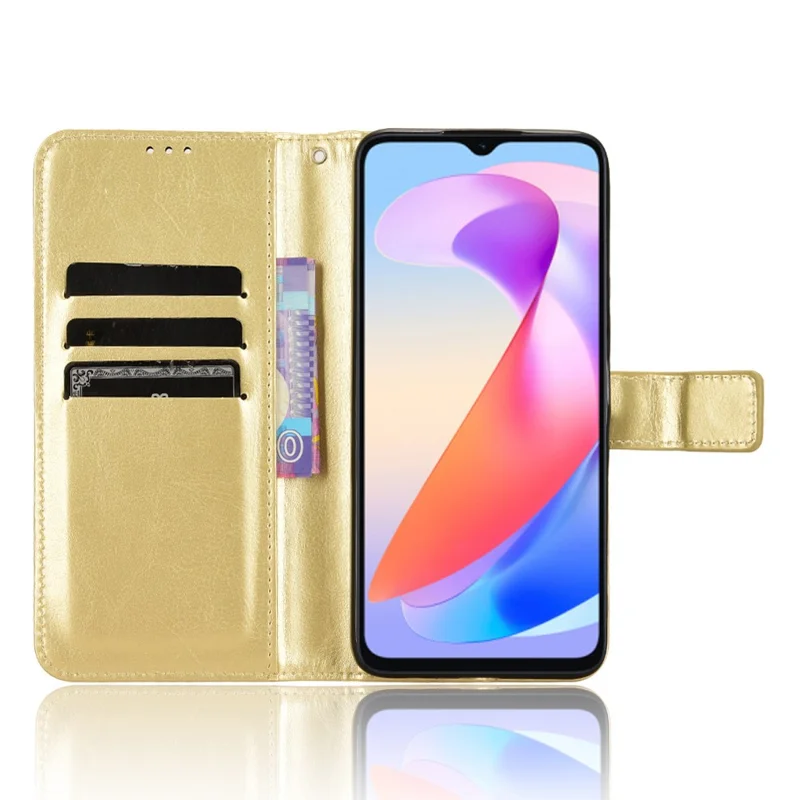 For Honor X6a 4G PU Leather Protective Case Crazy Horse Texture Phone Wallet Cover - Gold